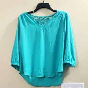 4/$20 Iz Byer Turquoise Blouse with Lattice Neckline
